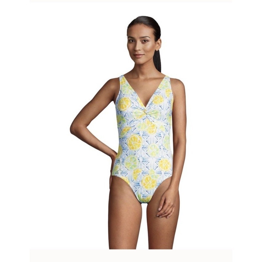 NEW Lands' End Citrus Geo‎ V-Neck Soft Cup One Piece Swimsuit, Women 18 Petite